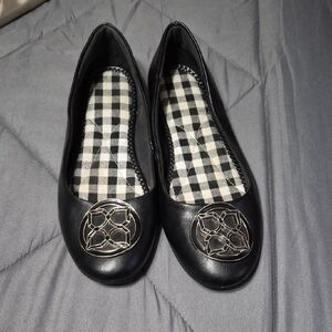 Kelly & Katie Black Flats with Silver Detailing